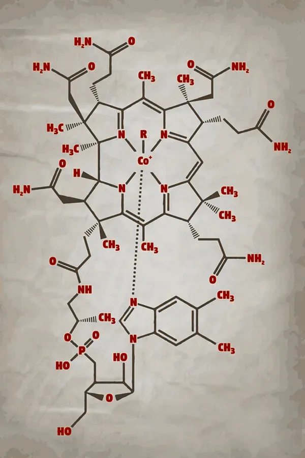 An illustrated depiction of a Vitamin B12 molecule structure on an aged paper background. Receive Lipo-B12 Weight Loss Injections offered by Don D. Fisher, D.O. at The BEST Program in Fort Lauderdale.