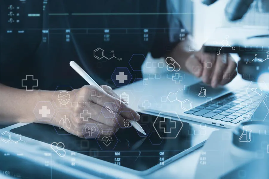 Close-up of a medical professional using a laptop and tablet, with illustrated medical symbols overlayed on the image, symbolizing health conditions treated by Don D. Fisher, D.O. at The BEST Program in Fort Lauderdale.
