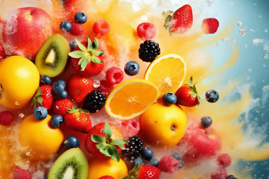 Illustration of vitamin infused fruits bursting. Schedule High Dose Vitaman C IV treatment from Don D. Fisher, D.O. at The BEST Program in Fort Lauderdale.