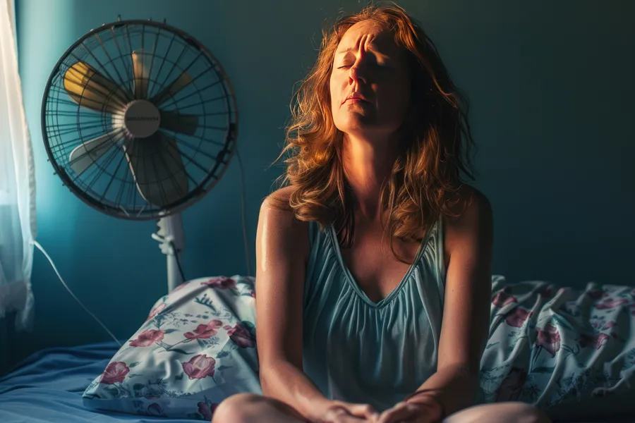 A middle-aged red-haired woman sits in bed sweating with a fan behind her, unable to sleep. Get treatment for hot flashes and night sweats from Don D. Fisher, D.O. at The BEST Program in Fort Lauderdale.