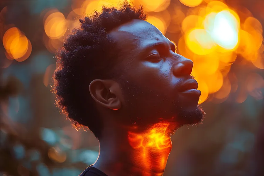 A man looks up with an illustration of an inflamed thyroid overlayed. Schedule hyperthyroidism treatment from Don D. Fisher, D.O. at The BEST Program in Fort Lauderdale.