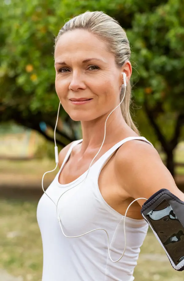 A healthy woman in blue sweats stretches on a trail before a run. Get Sermorelin peptide therapy from Don D. Fisher, D.O. at The BEST Program in Fort Lauderdale.