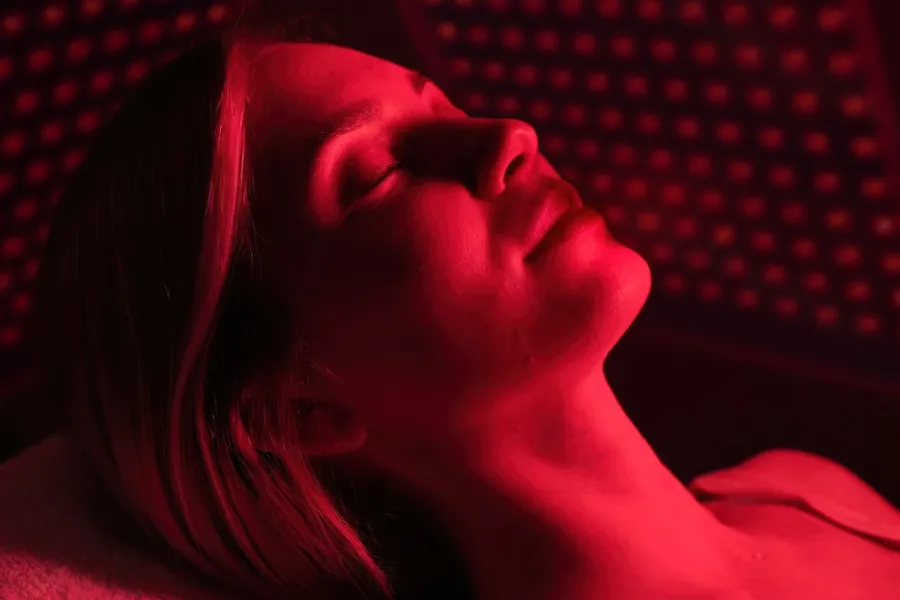 A woman lays in a red light bed. Get Ozone with Red Light Therapy from Don D. Fisher, D.O. at The BEST Program in Fort Lauderdale.