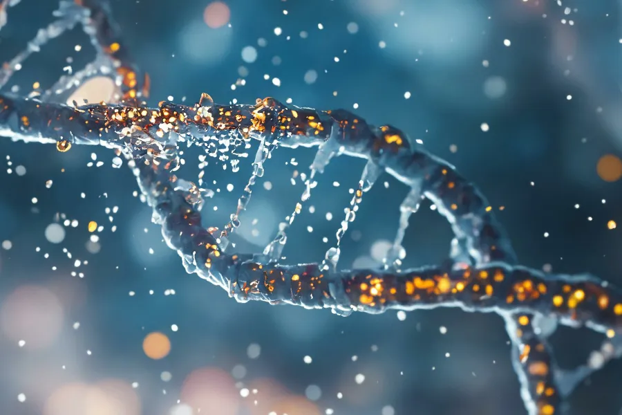 3D illustration of a a DNA strand in sparkling golds and blues. Get Regenerative Medicine treatment from Don D. Fisher, D.O. at The BEST Program in Fort Lauderdale.